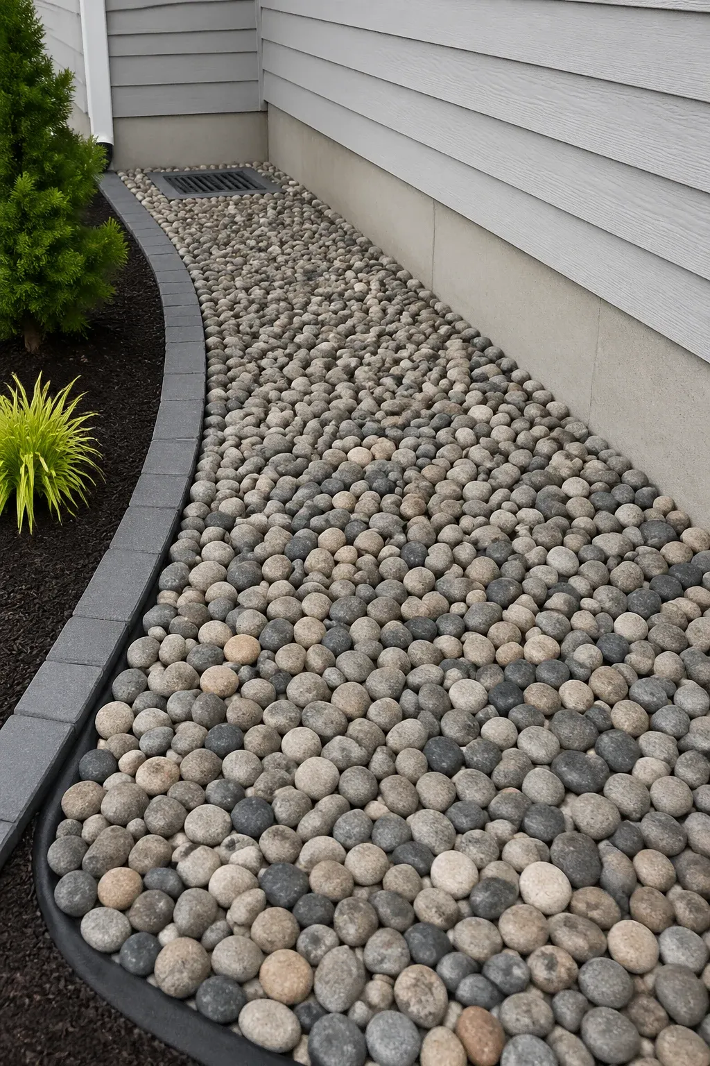 A tidy, deep layer of river stones installed with proper drainage near a house foundation.