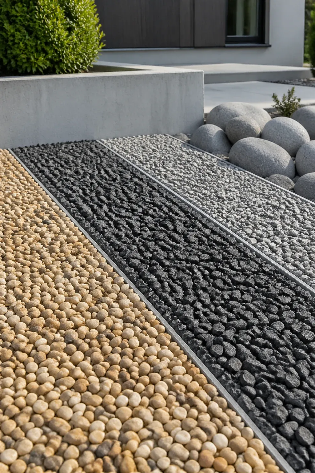 A variety of modern landscaping gravel including charcoal basalt and tan pea gravel.