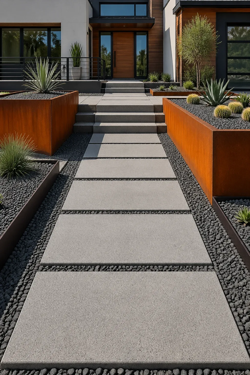 Modern yard with concrete pavers, corten steel walls, and clean geometric hardscaping.