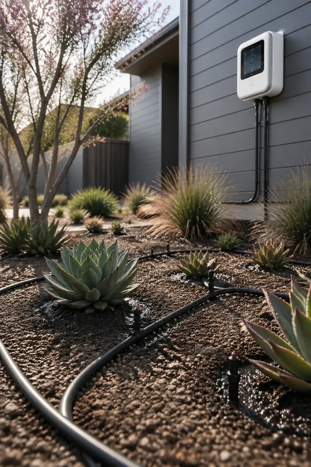 A modern drip irrigation system with black tubing and emitters in a desert garden.