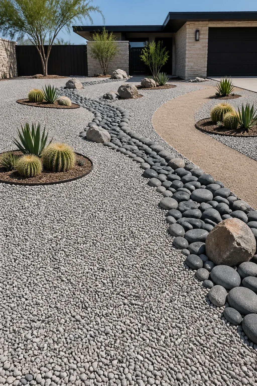 A modern front yard featuring a mix of pea gravel, river rocks, and decomposed granite.