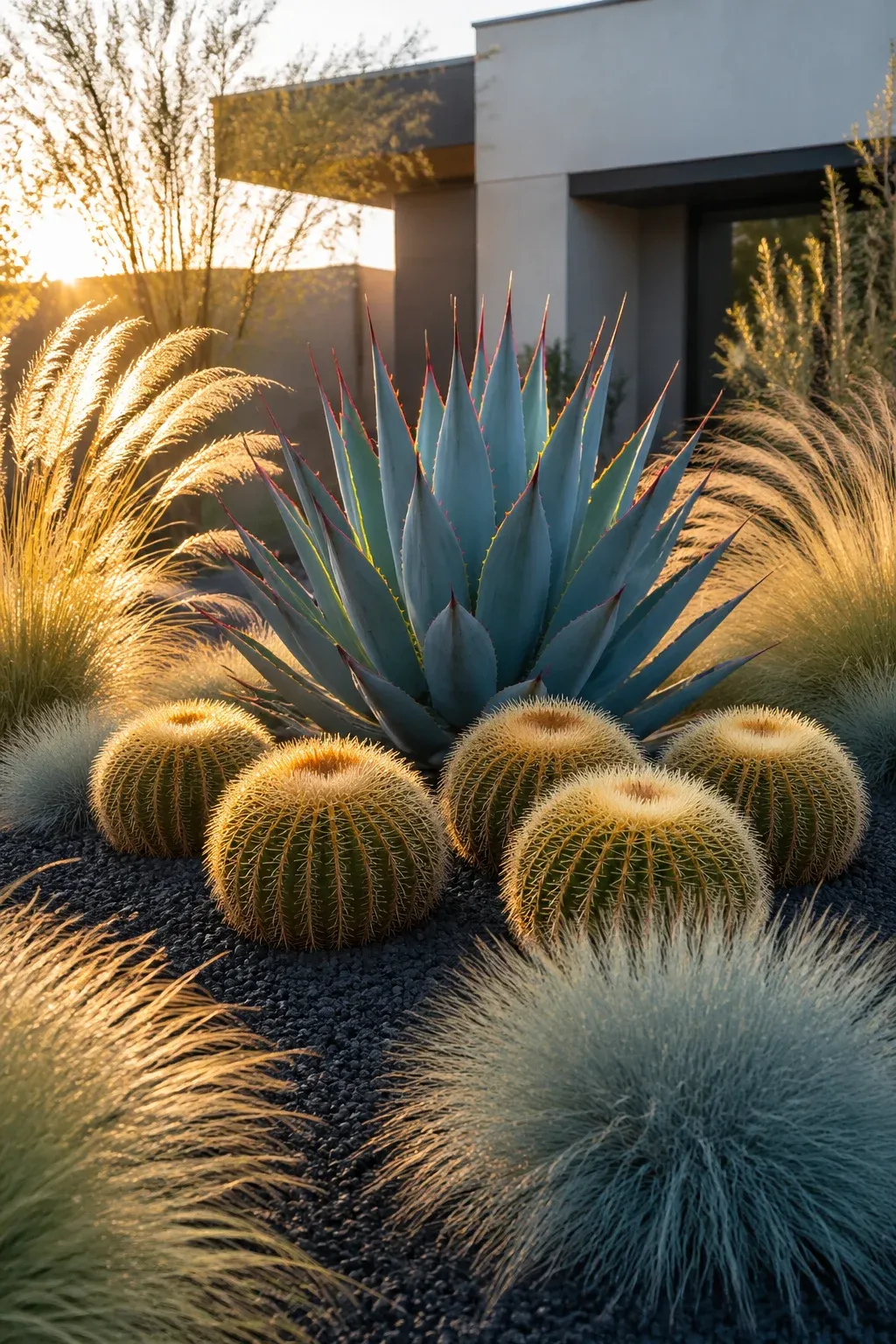 Blue agave and barrel cacti mixed with wispy ornamental grasses in a modern yard.