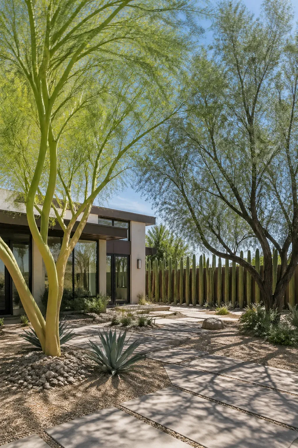 Palo Verde trees and a cactus privacy wall shading a modern desert home.