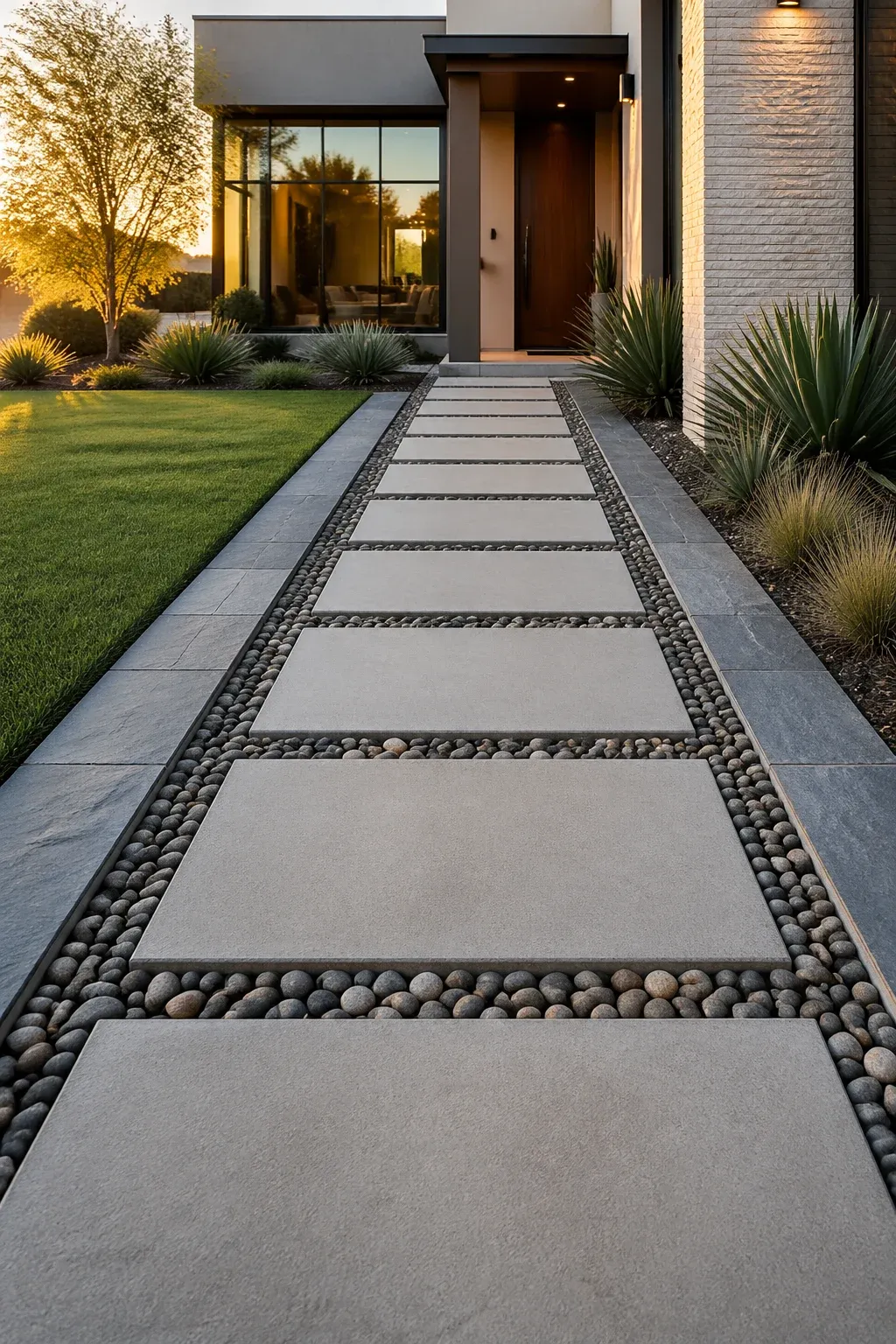 A modern front yard walkway featuring large gray concrete pavers and dark river stones.