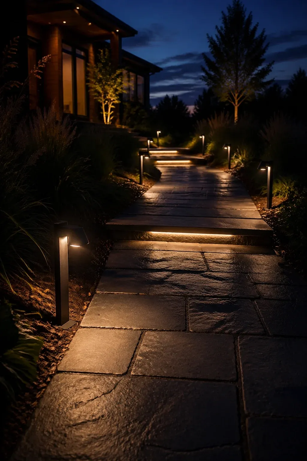 A dark slate walkway at night illuminated by warm, downward-facing LED path lights.