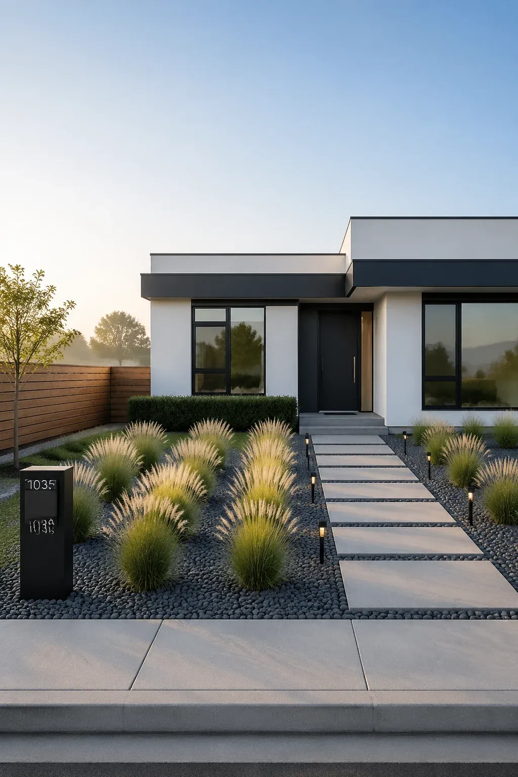 A minimalist modern front yard with grid-patterned grasses and concrete pavers.
