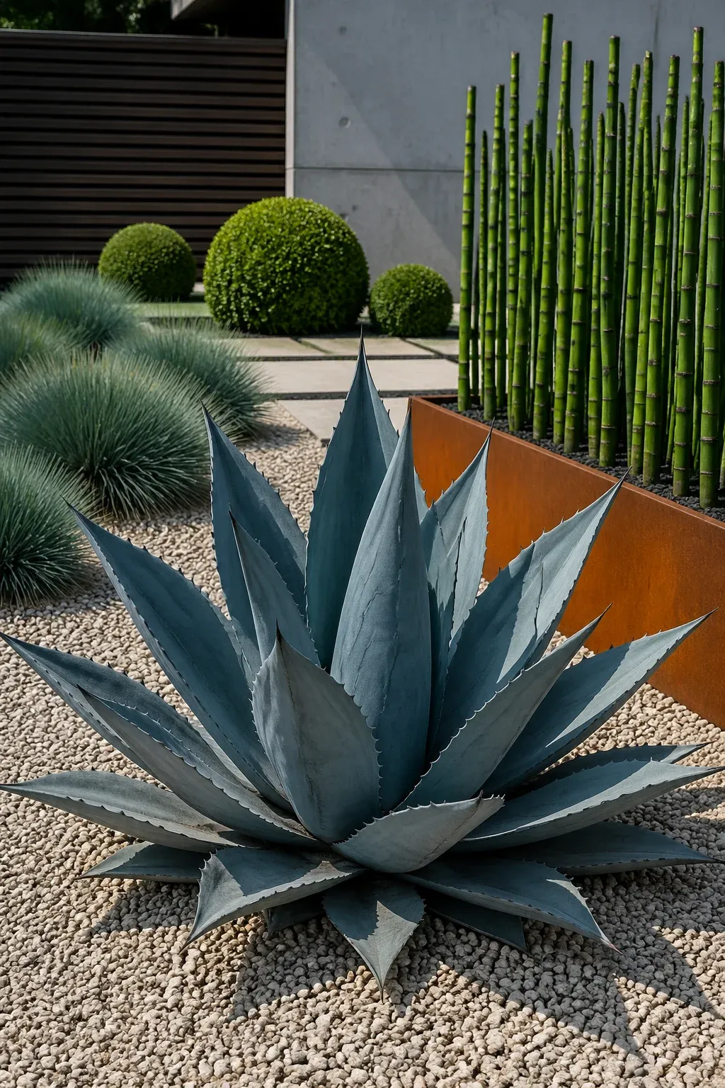 Architectural plants like agave and horsetail reed in a modern garden setting.