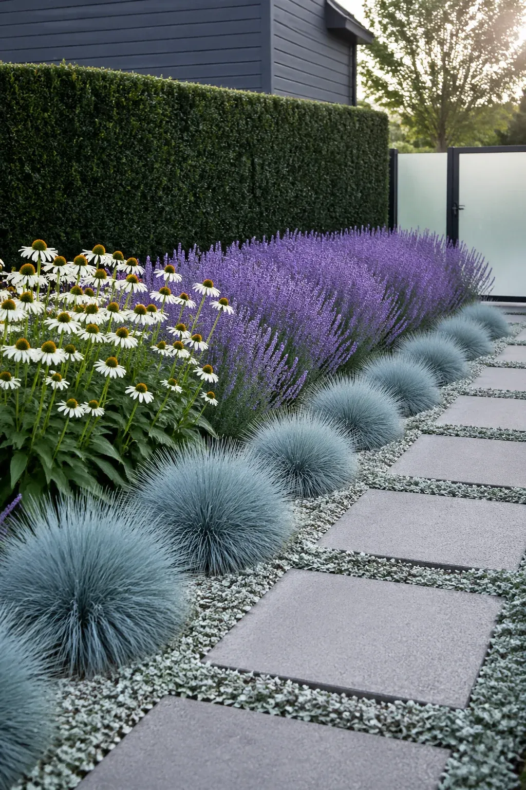 A modern garden with a clean color palette of purple lavender, white flowers, and silver grass.