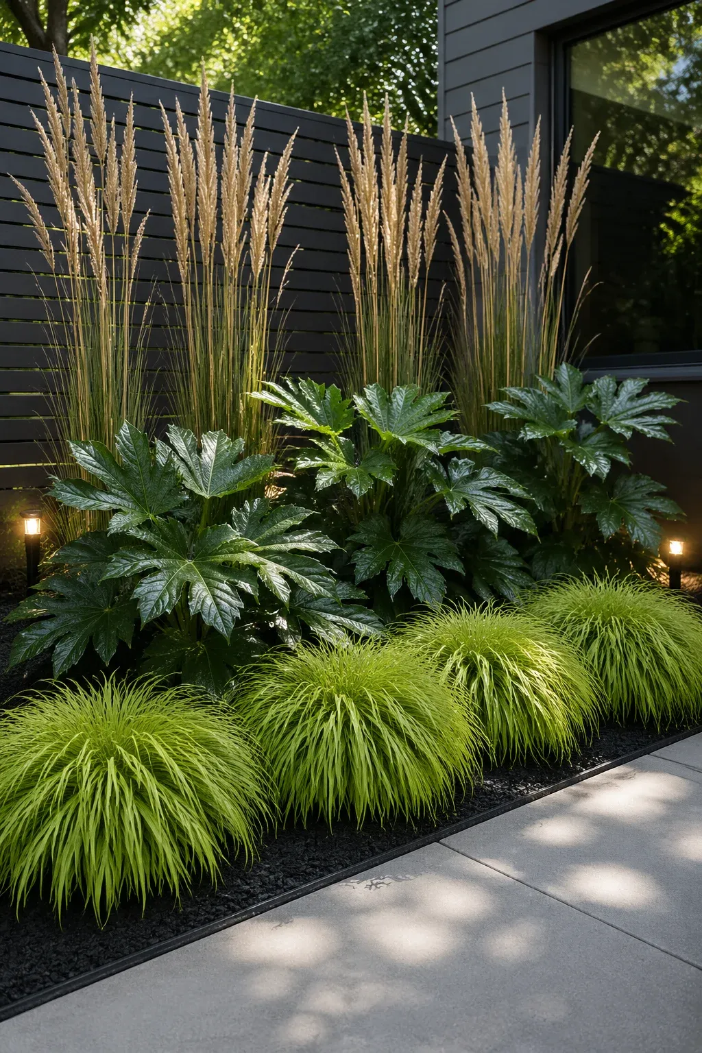 A layered modern garden bed with chartreuse grass, bold-leafed Fatsia, and tall reed grass.