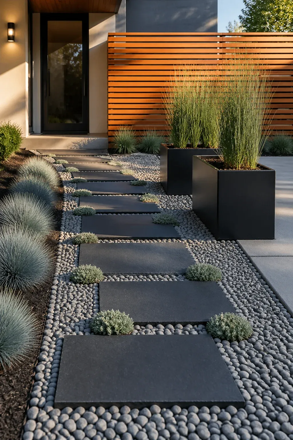 A modern front yard balancing basalt stepping stones, grey pebbles, and soft greenery.