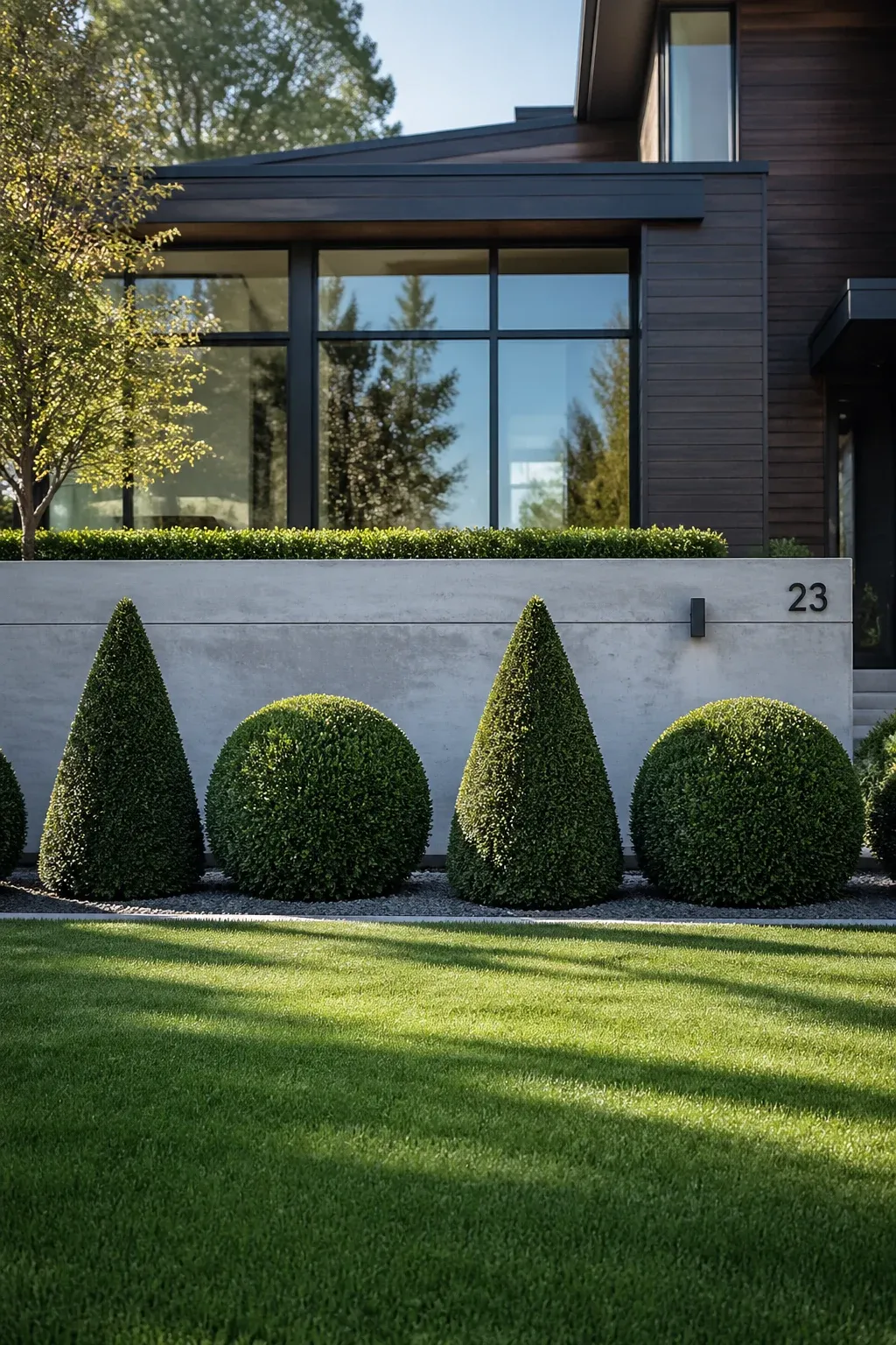 Manicured spherical and conical shrubs arranged in a clean modern front yard with a concrete wall.