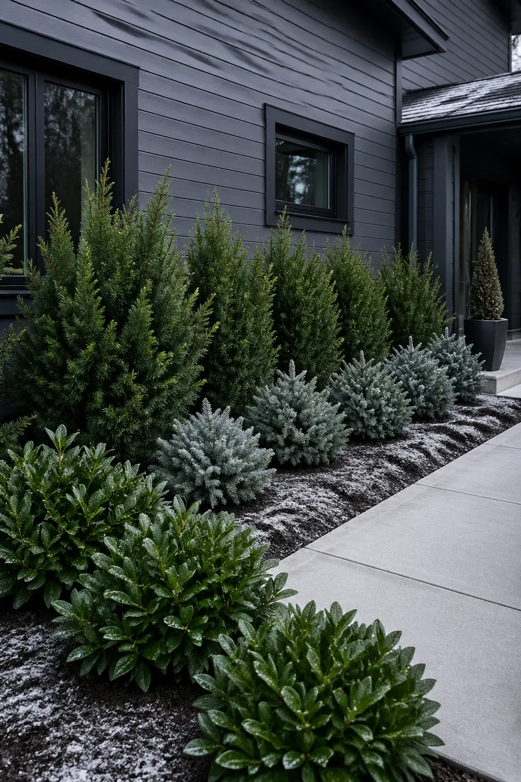 A variety of green and blue evergreen shrubs providing year-round color in a modern landscape.