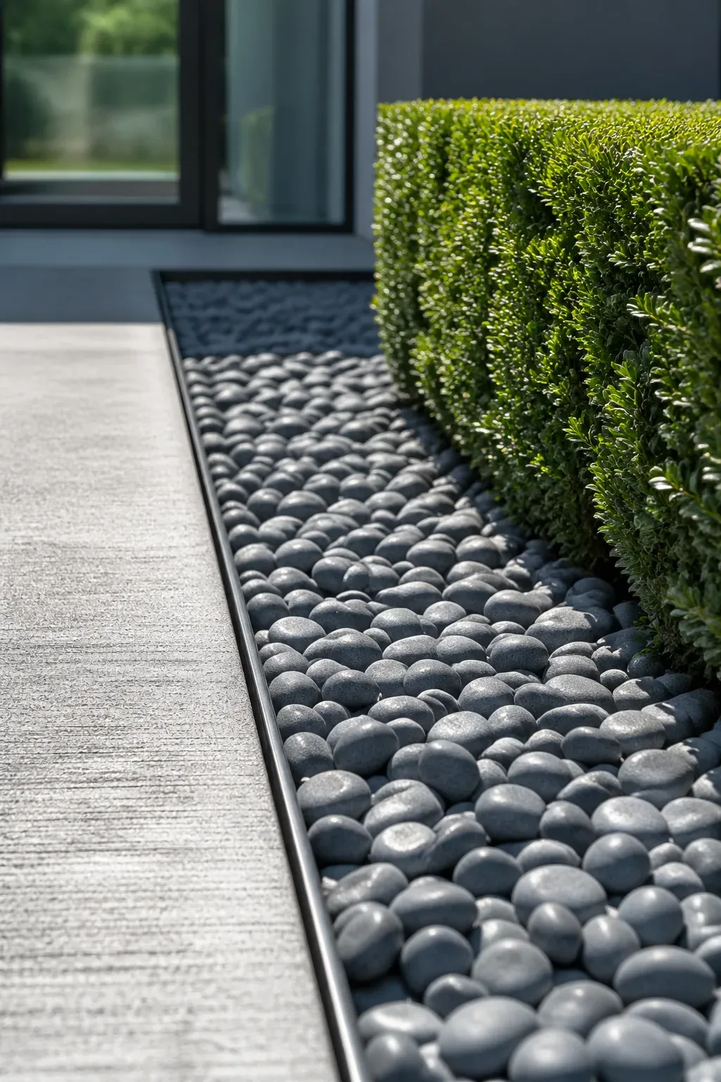 A sharp, clean edge between a concrete walkway and a bed of smooth gray river stones with a shrub.