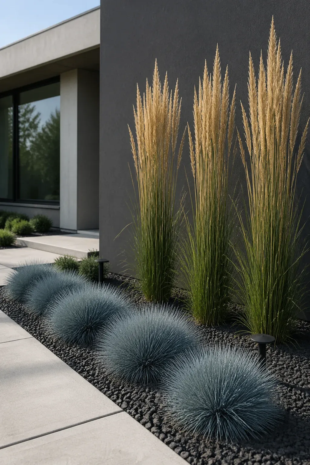Tall vertical feather reed grass and rounded blue fescue in a modern minimalist front yard.