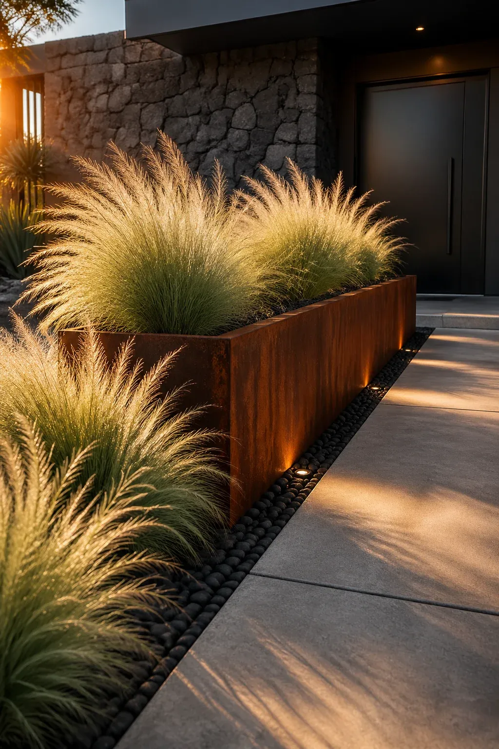 Soft green Mexican feather grass contrasting with a rusted Corten steel planter and concrete.