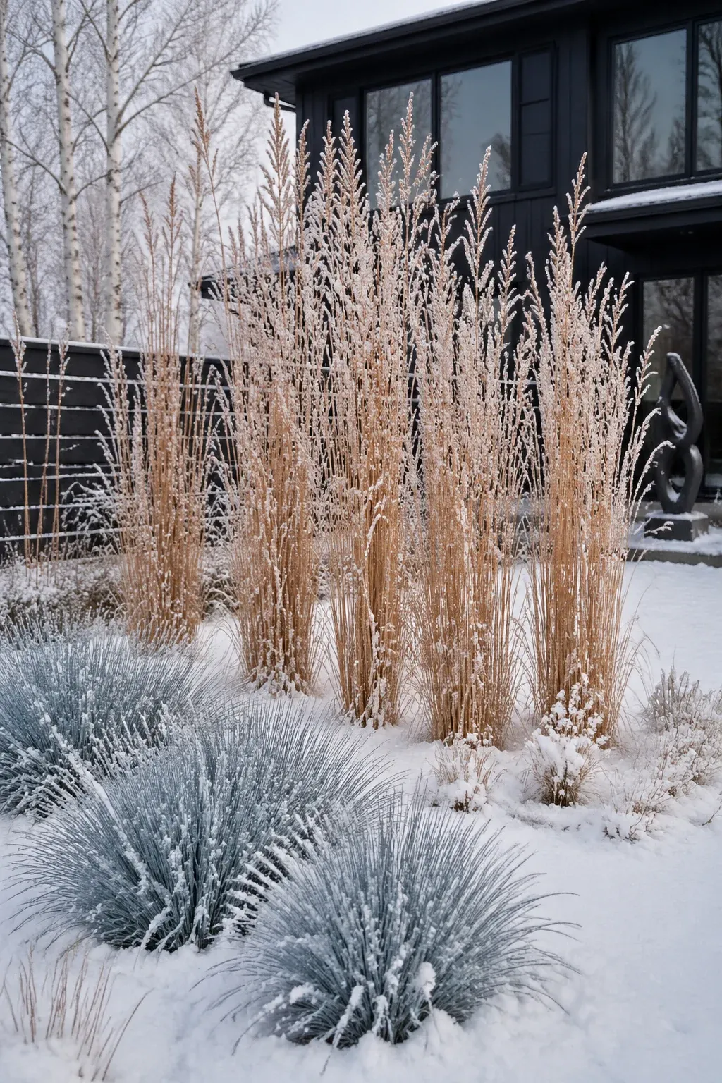 Copper-colored dried switchgrass and blue oat grass in a snowy modern front yard.
