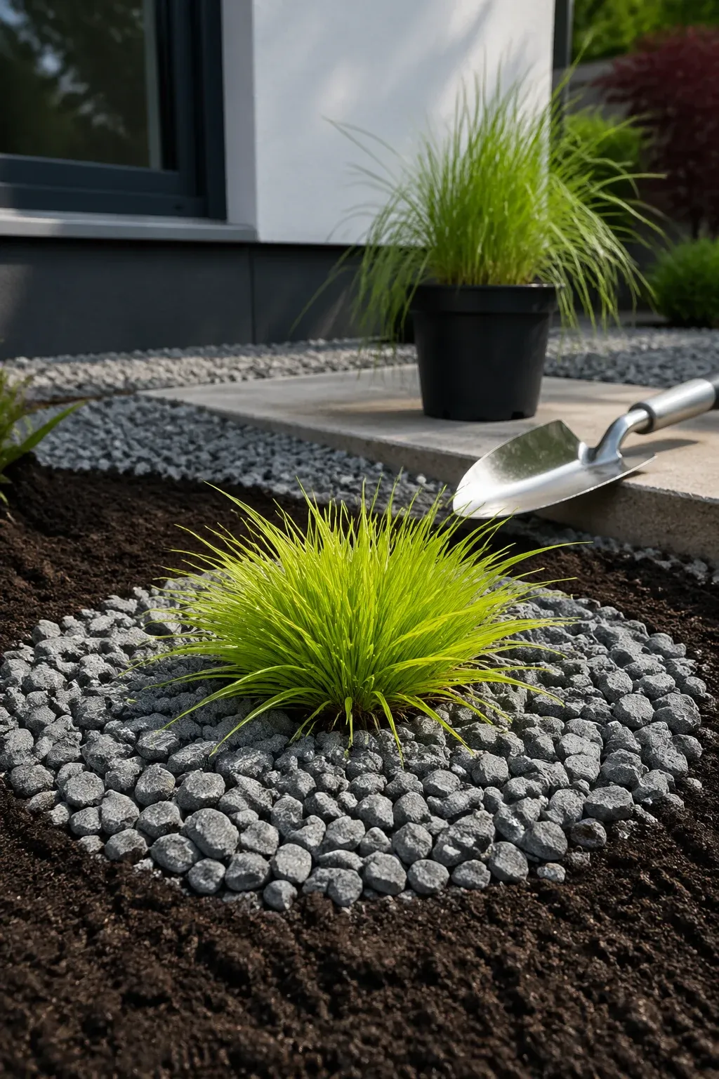 A newly planted ornamental grass surrounded by grey gravel mulch in a modern garden bed.
