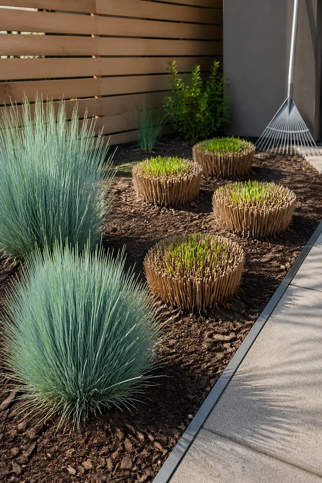 Neatly pruned ornamental grass mounds with new green growth in a tidy modern yard.