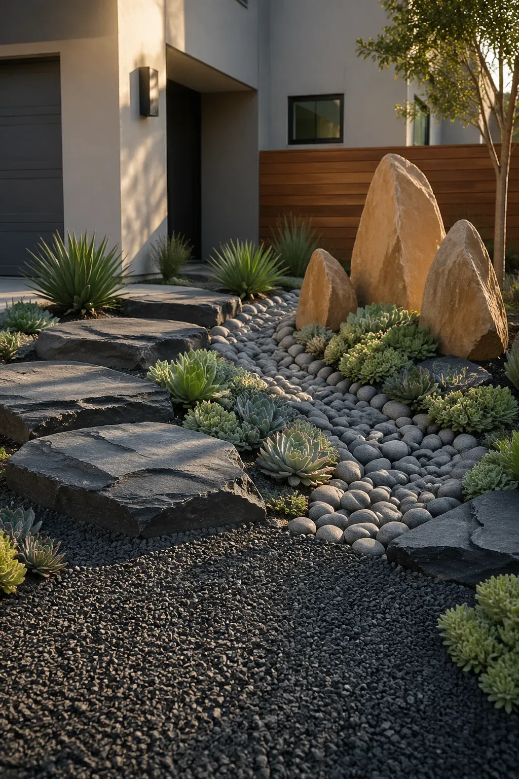 A modern front yard featuring dark slate, tan sandstone, and green succulents.
