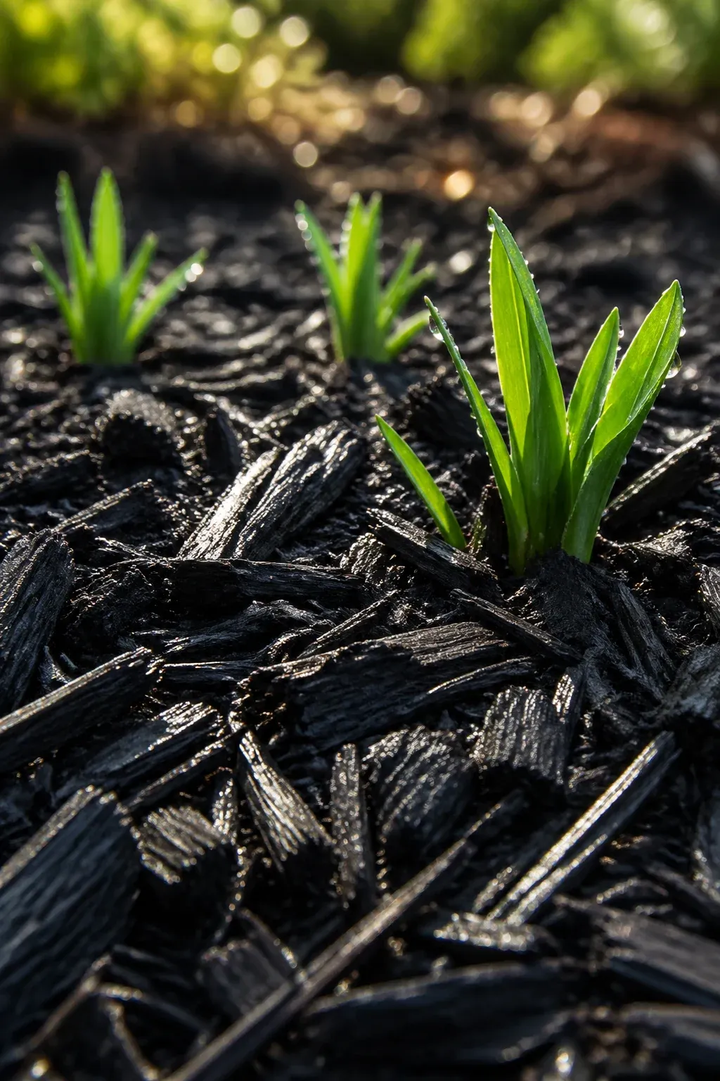 Close-up of textured black mulch in a garden bed with small green plants emerging.