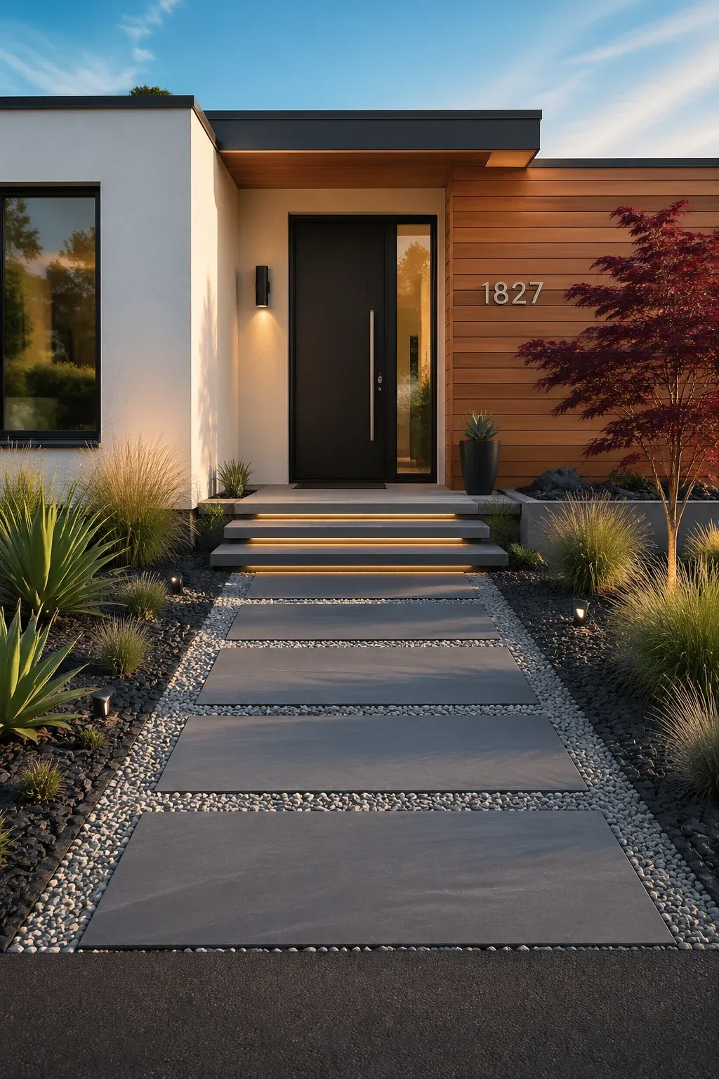 A modern walkway with large grey pavers and pea gravel leading to a black front door.