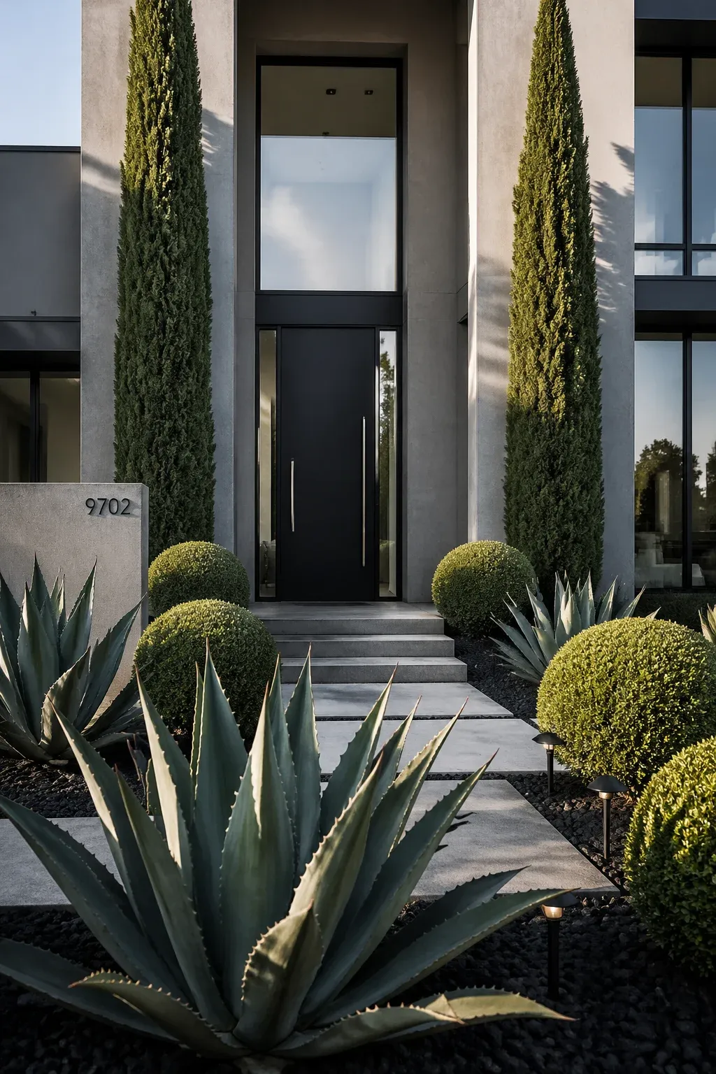 Modern house entry with columnar evergreens, globe shrubs, and spiky agave plants.