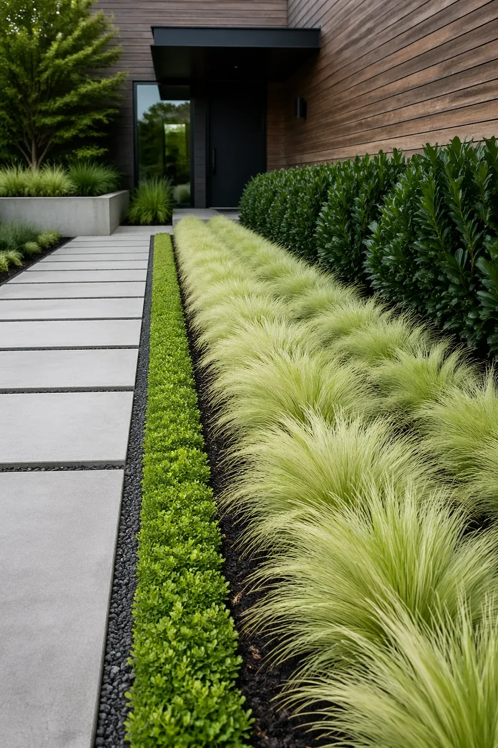 A modern garden with repeating rows of ornamental grasses and layered green shrubs.