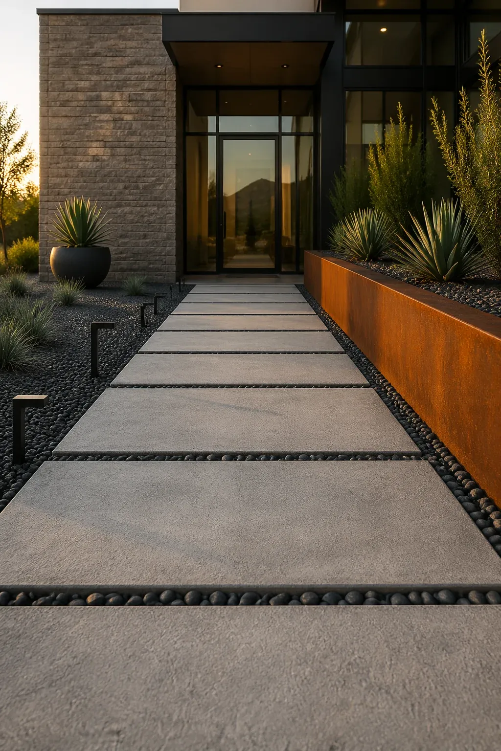 Large concrete pavers with pebble gaps and a steel retaining wall in a modern entry.