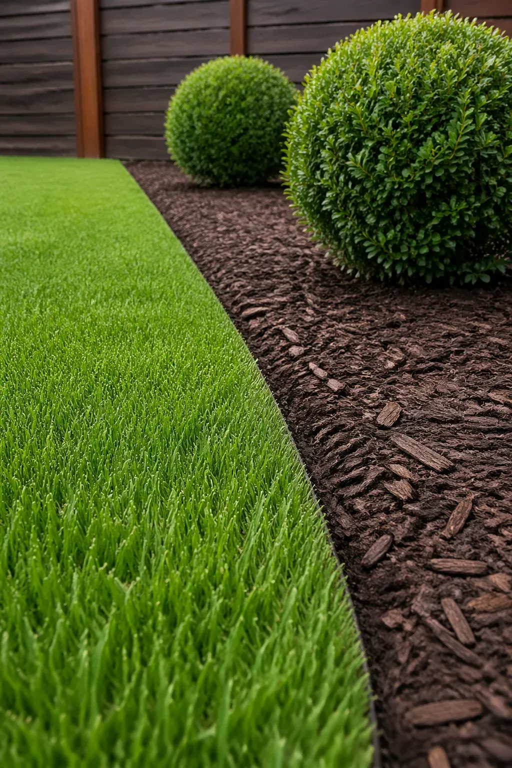 A sharp, clean edge between a green lawn and dark mulch in a modern garden.