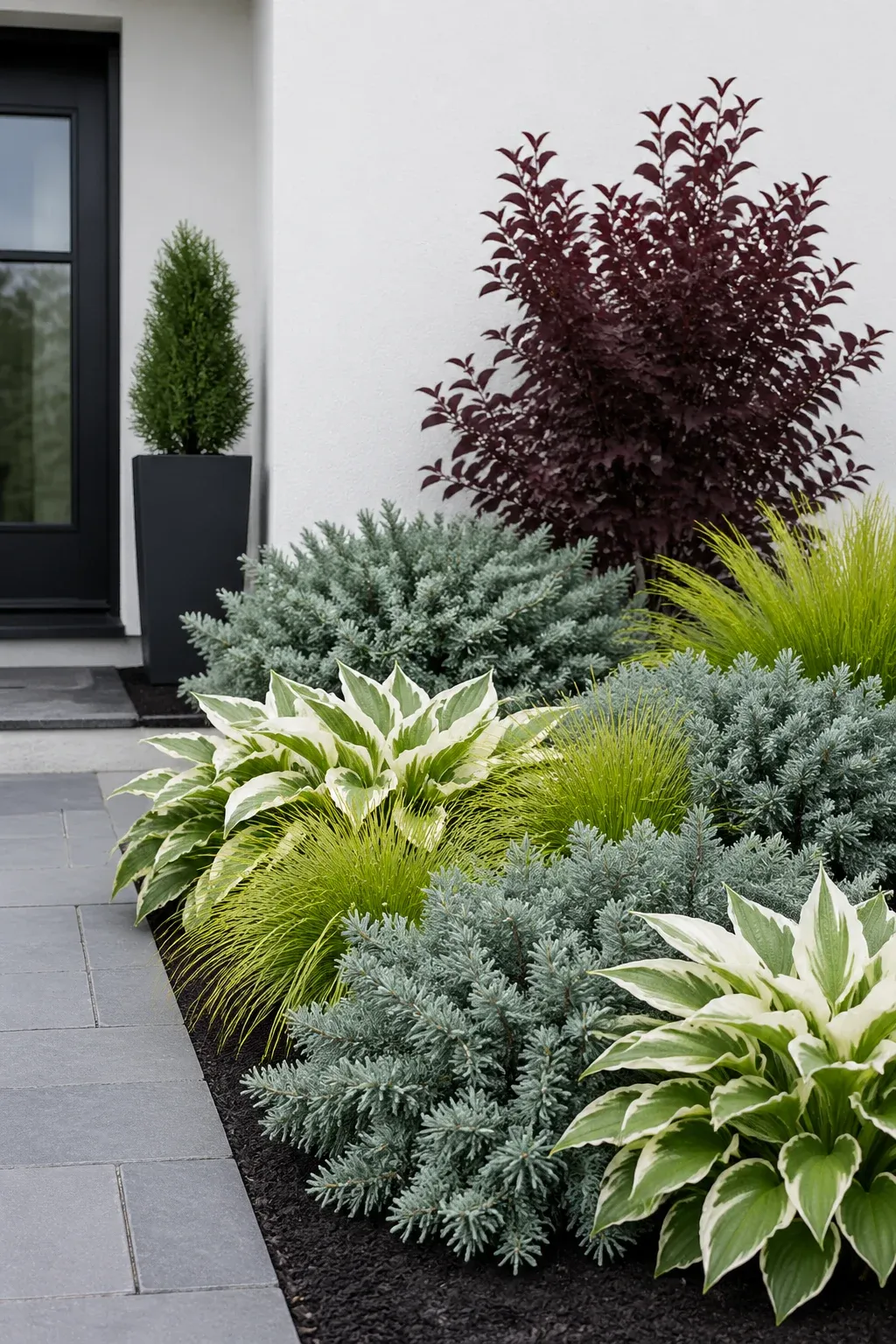 A modern garden bed with silver, chartreuse, and burgundy foliage against a white wall.