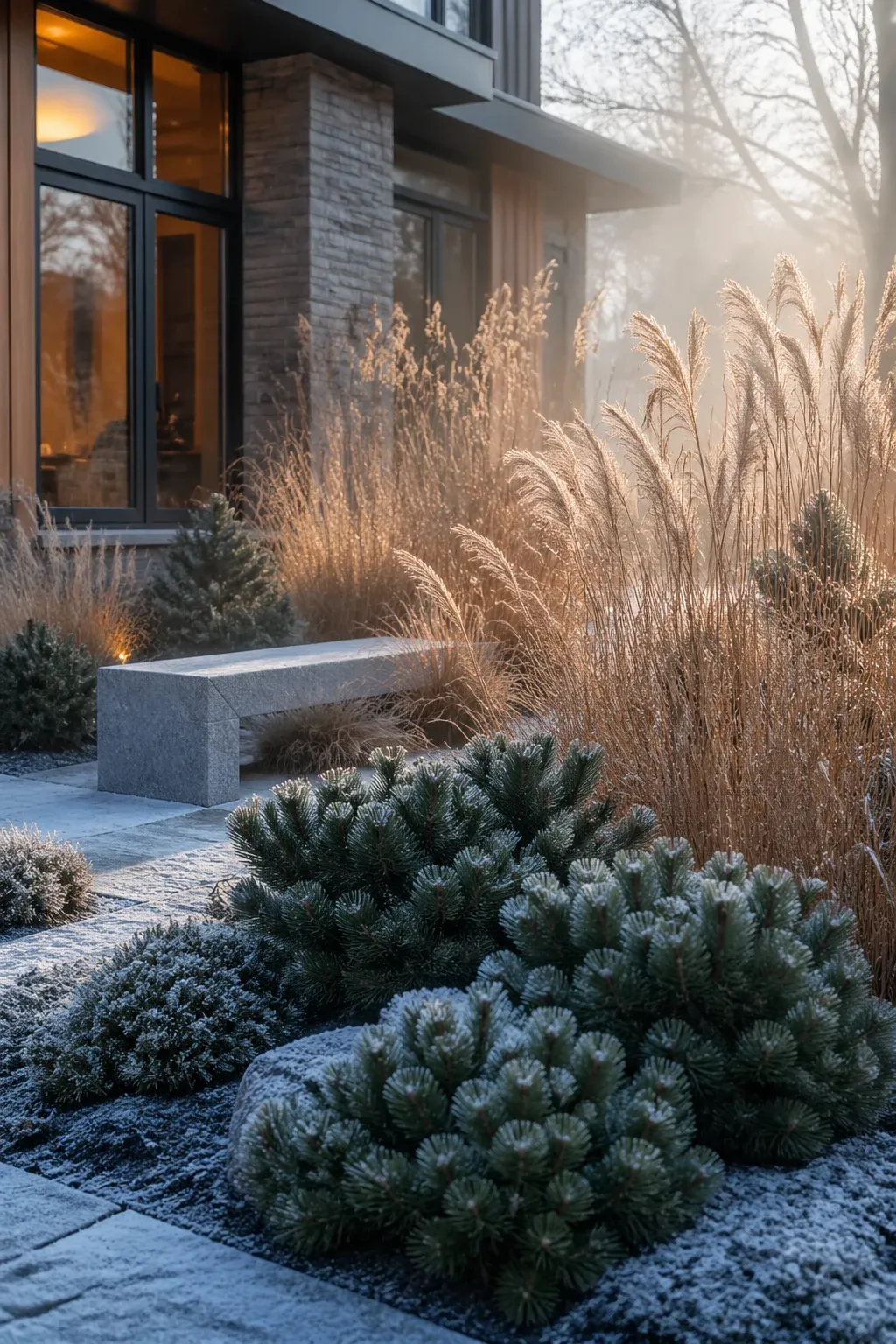 A winter garden with green evergreens and tall golden ornamental grasses.