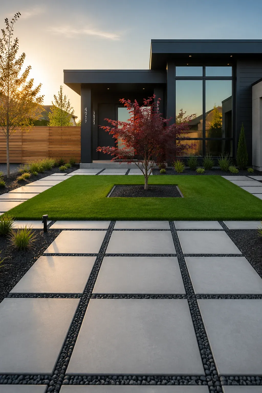 A modern front yard with a rectangular lawn, square tree bed, and concrete grid pavers.
