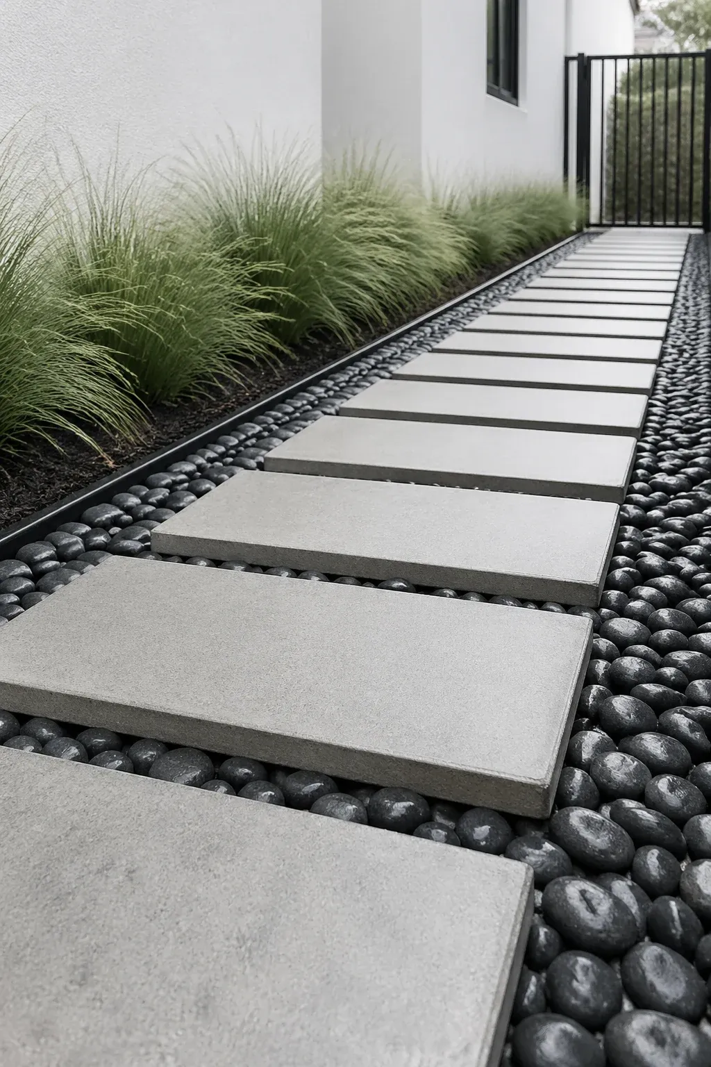 A modern walkway of large concrete pavers surrounded by dark charcoal river stones.
