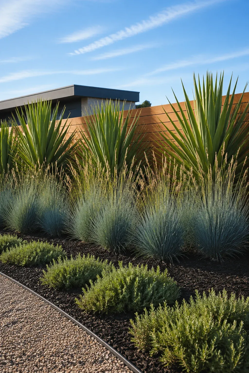 Mass-planted native grasses and yuccas in a modern front yard with dark mulch.