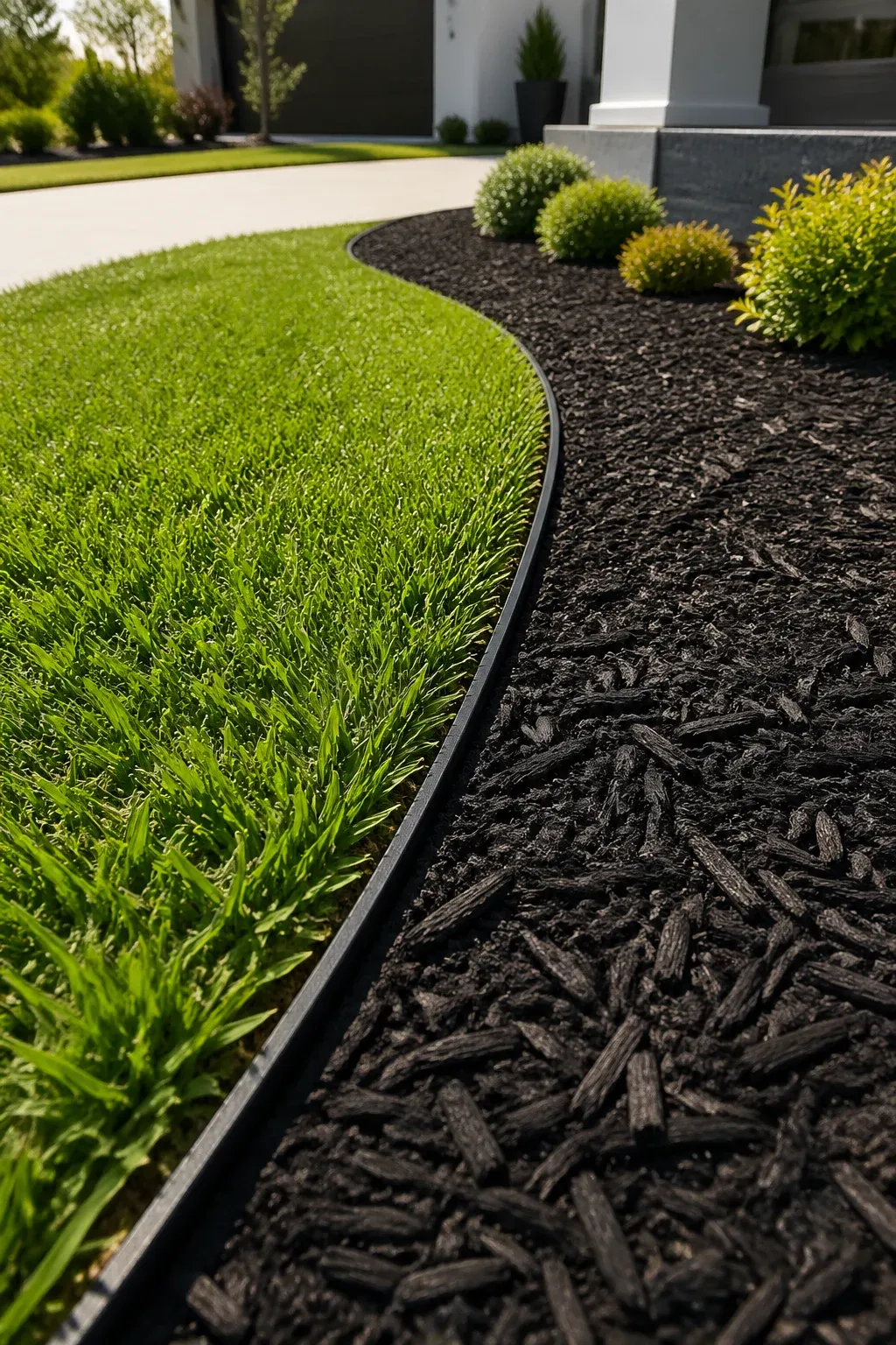 Sharp black metal edging separating a green lawn from dark black wood mulch.