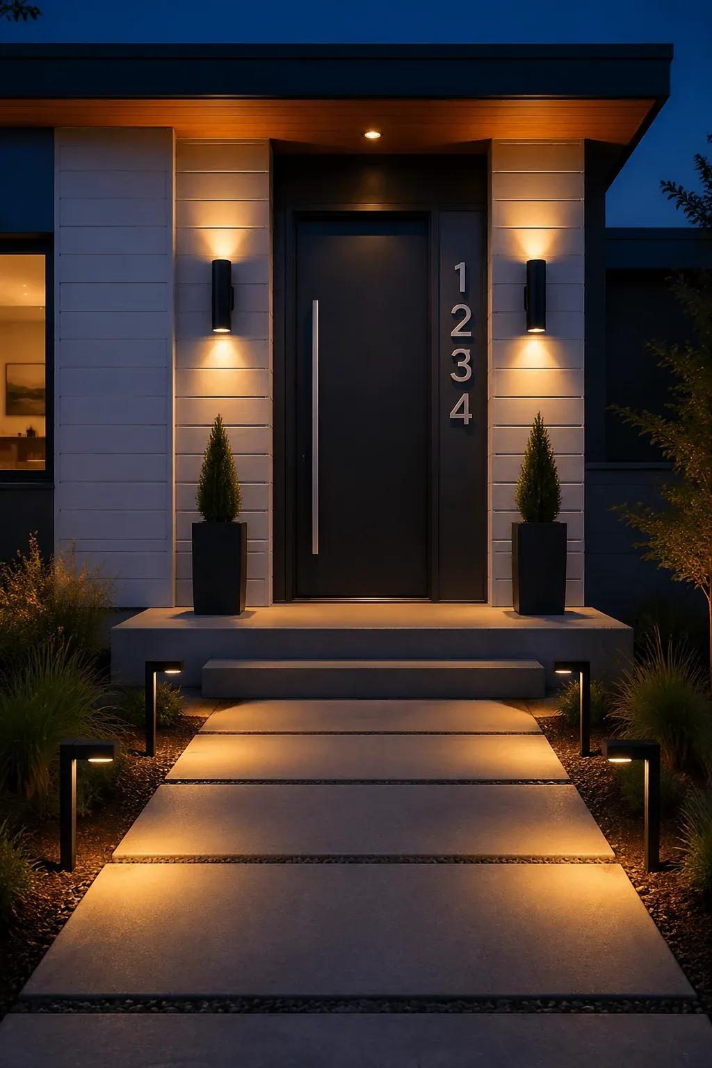 A modern front entryway at dusk with black cylinder sconces and large metal house numbers.