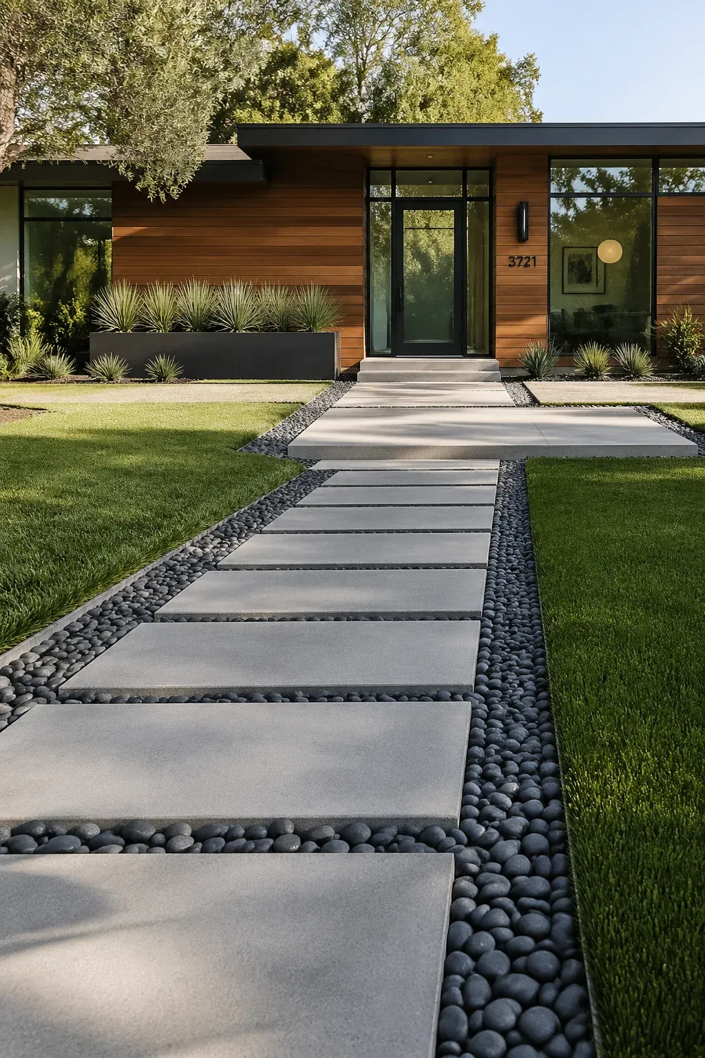 A modern front yard with rectangular concrete pavers and dark river stones in a geometric layout.