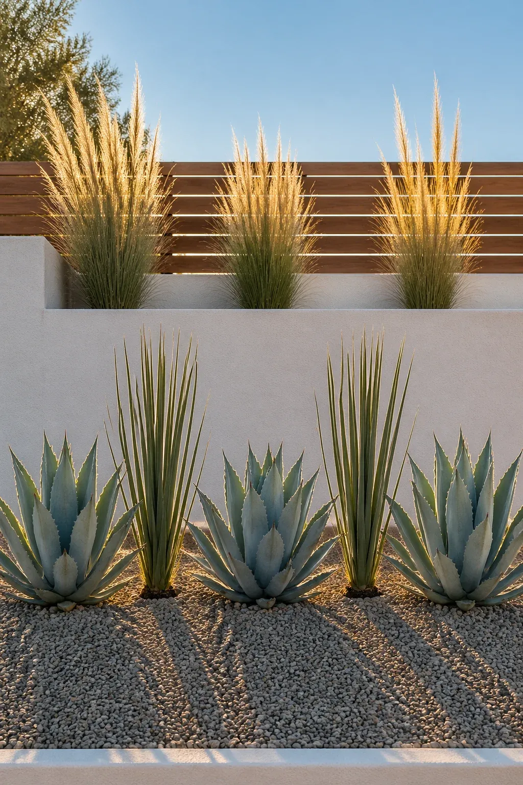 Sculptural agave and yucca plants arranged in a neat row in a modern garden bed.