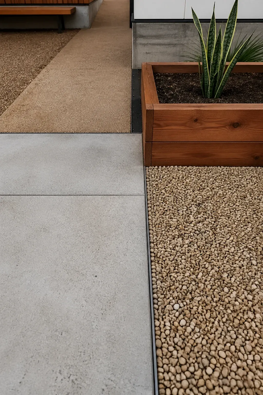 A mix of smooth concrete, tan pea gravel, and warm redwood planter boxes in a modern yard.