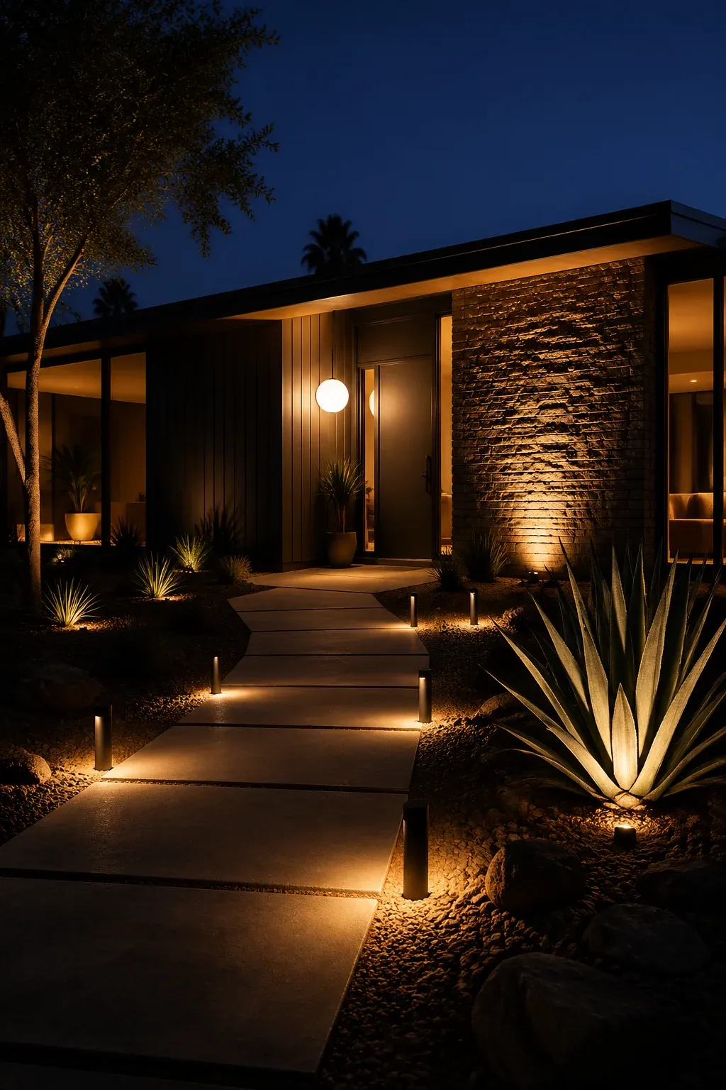 Modern landscape lighting illuminating a concrete path and sculptural plants at night.