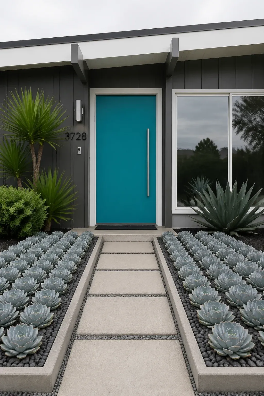 A bright teal front door on a grey modern house with silver-toned plants in the foreground.