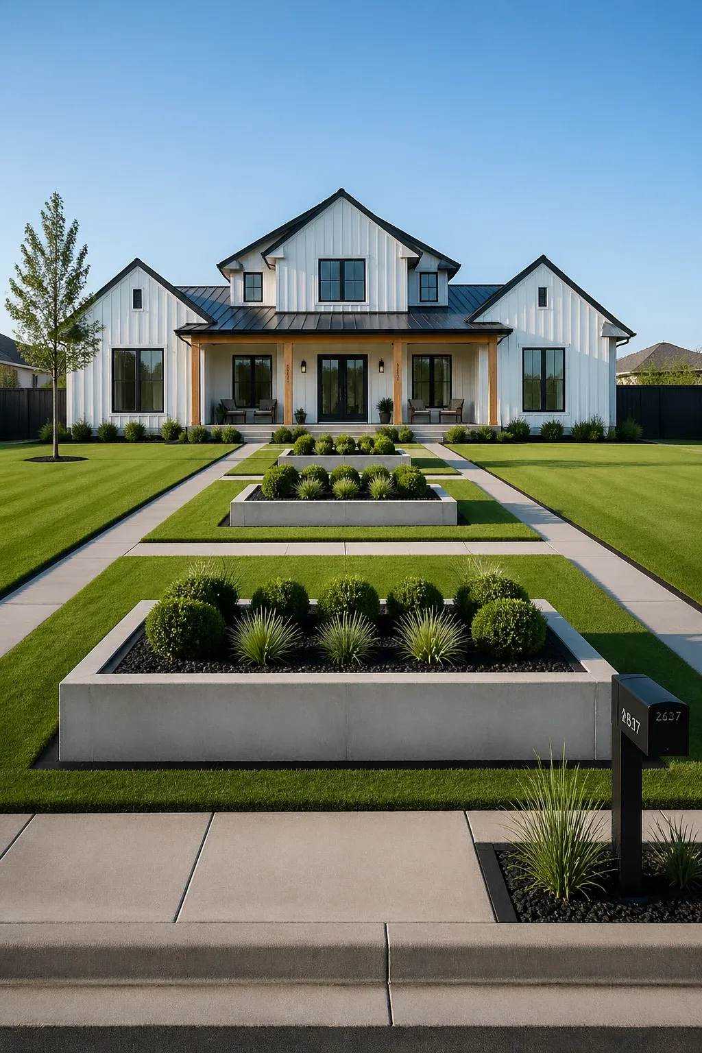 A modern farmhouse yard with straight-edged concrete garden beds and a manicured lawn.