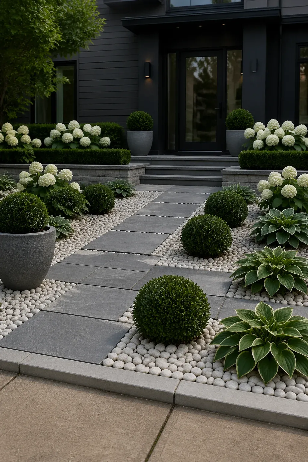 A contemporary front yard featuring gray slate, white rocks, and various shades of green plants.