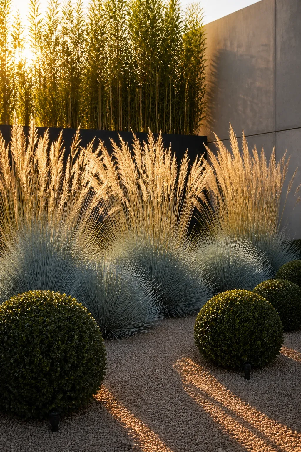 Tall ornamental grasses and round boxwood shrubs in a modern, low-maintenance front yard.