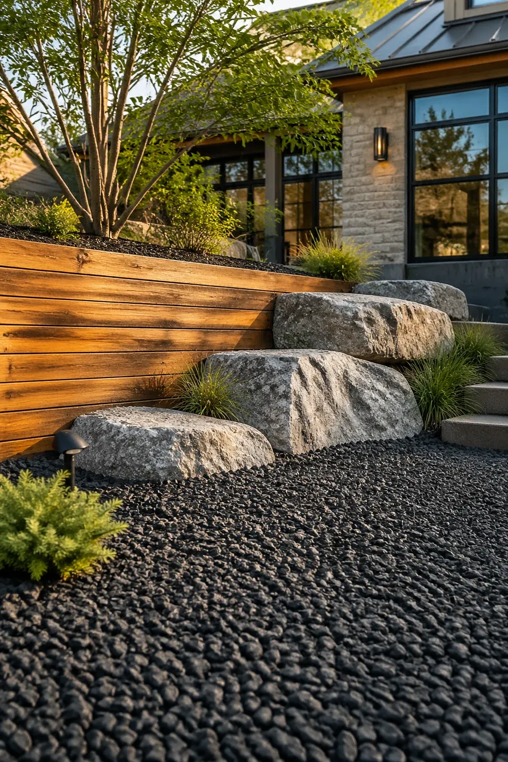 A modern yard with a horizontal cedar wood wall, large boulders, and dark gravel mulch.