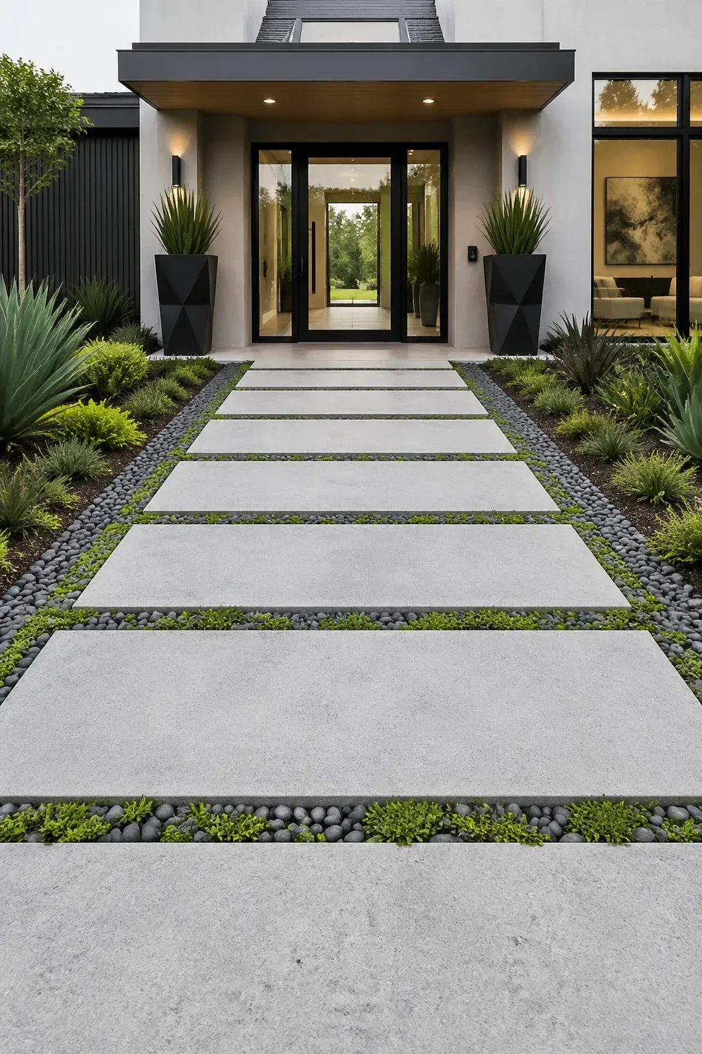A wide modern walkway made of large concrete slabs with small stones in the gaps.