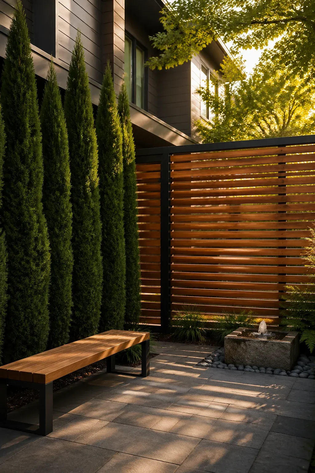 A modern front yard with a horizontal wood slat screen and a row of tall evergreen trees.