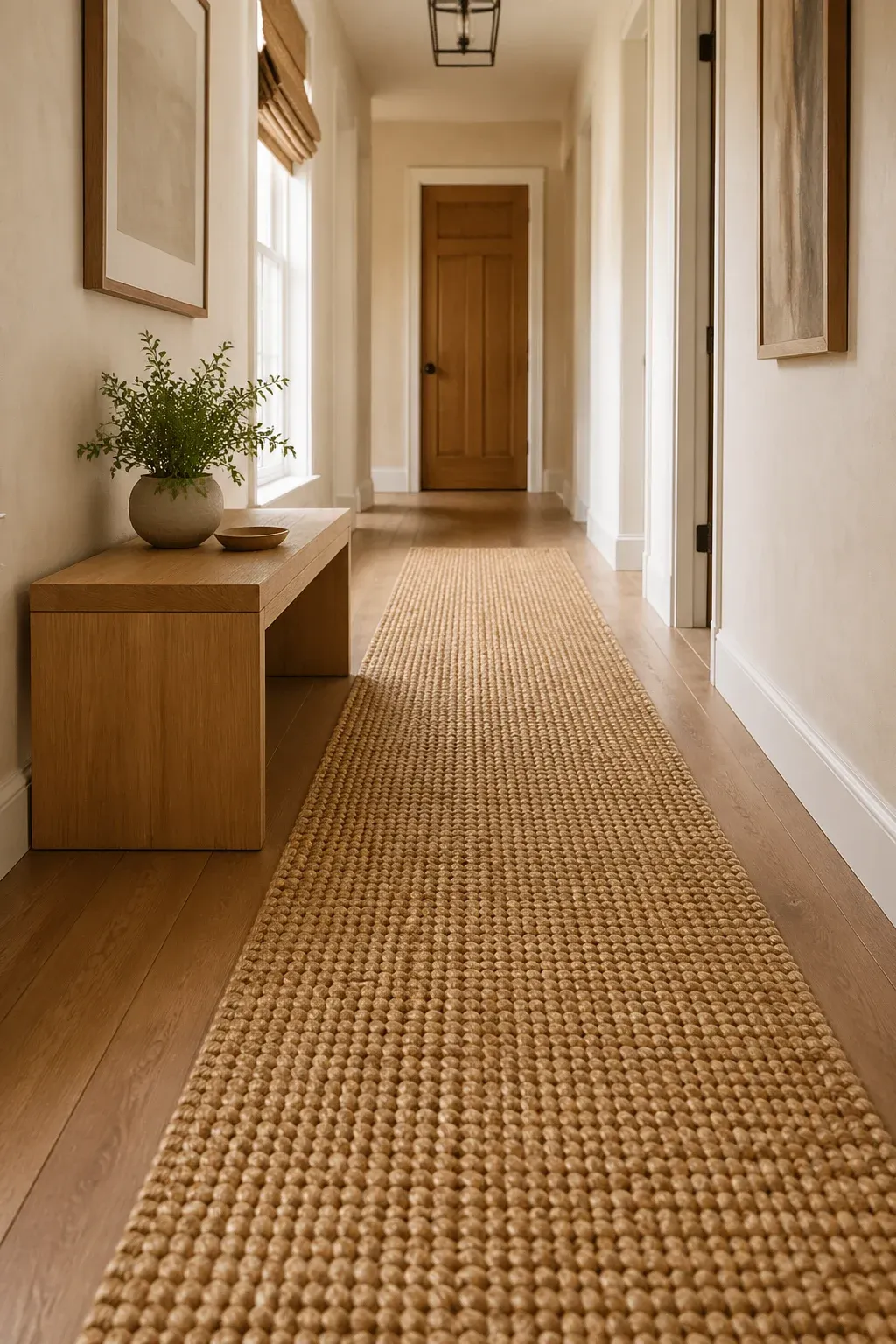 A long, chunky woven jute runner rug in a bright, neutral hallway with a wooden bench.