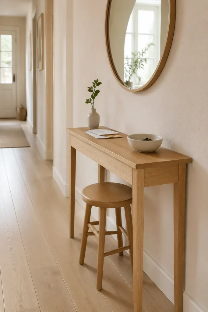 A narrow solid oak console table with a stool tucked underneath in a bright beige hallway.
