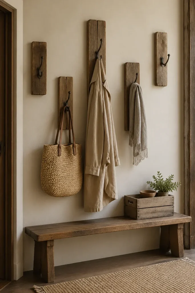 Rustic reclaimed wood wall hooks with a linen coat and straw bag in a warm hallway.